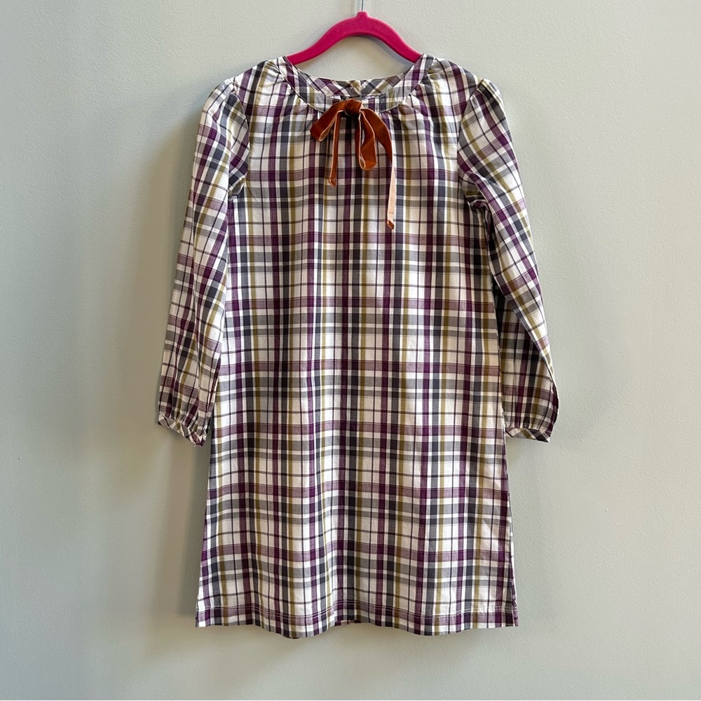 Olive Juice Purple,  Green, & Gray Long Sleeve Plaid Dress with Bow, Size 7yr